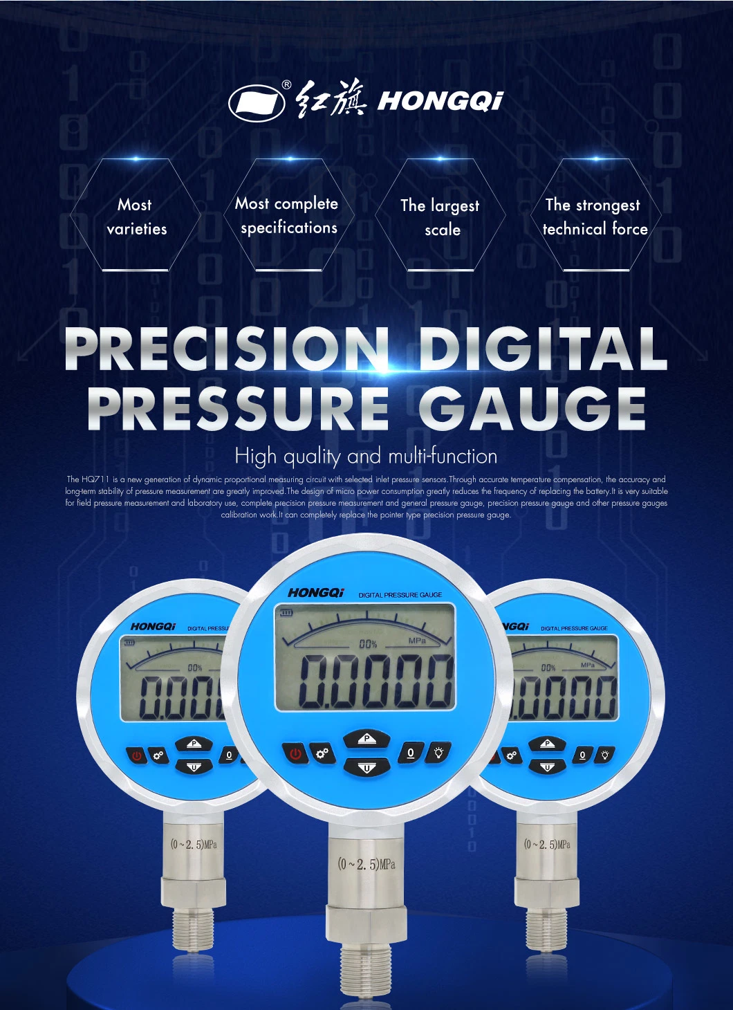 Hongqi OEM High Precision Intelligent Digital Pressure Gauge with ISO9001/CE/RoHS